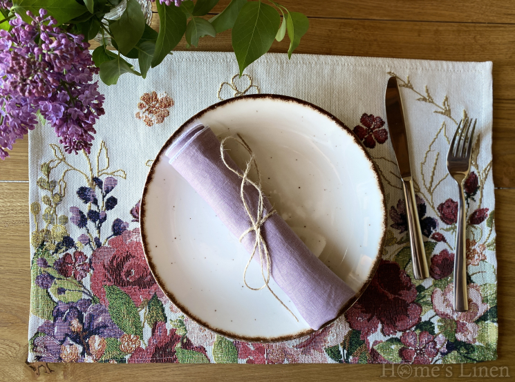 Linen Napkin with contrasting edging from French natural linen, vintage style "Lavandula"