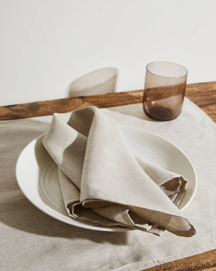 Linen Napkin with contrasting edging from French natural linen, vintage style "Natural"
