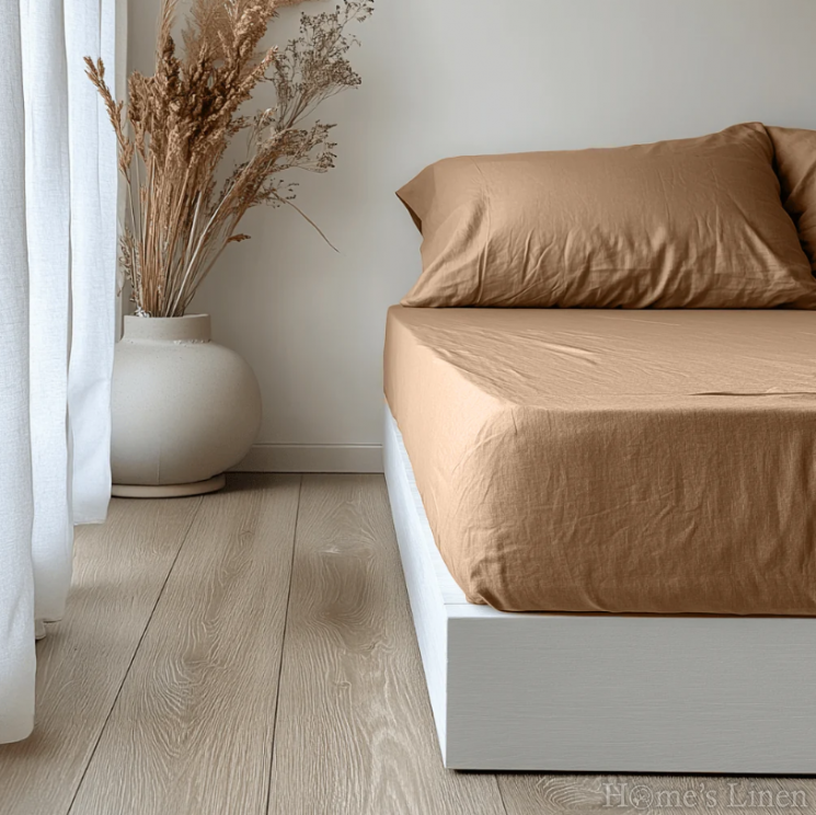 Долен чаршаф с ластик 100% Френски пран лен 185гр/кв.м. "Натурал", Natural Linens Collection